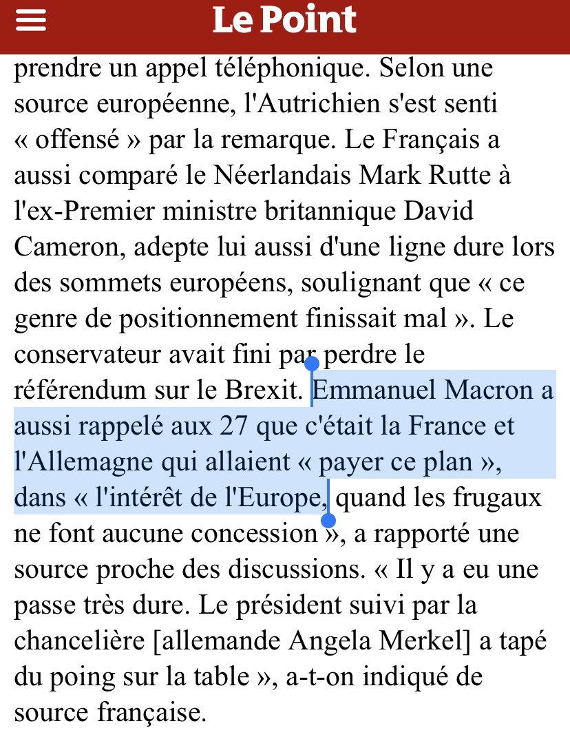 JBollee's tweet photo. Arrêtez vos circonvolutions européistes à deux balles, cela fait trois jours que Macron se bat à Bruxelles pour que la France se ruine. Rien d’autre. Et il ne s’en cache pas (cf image) ! Aujourd’hui, les intérêts de la France sont ipso facto défendus par les « frugaux » ! #Euco https://t.co/I2JWKS68ND