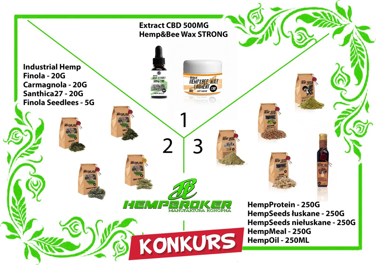 HempBrokerPL's tweet photo. UWAGA !!! KONKURS !!!
HEMPBROKER POLSKA
Do wygrania atrakcyjne zestawy produktów konopnych.
Co trzeba zrobić?
Szczegóły na naszym fanpage na facebooku
https://t.co/lWxnMx3GUA

#konkurs #konopie #cbd #hemp #hempbrokerpl #hempoil
#hempweed #suszkonopi #cannabis #cbg https://t.co/zeWOtWMhhn