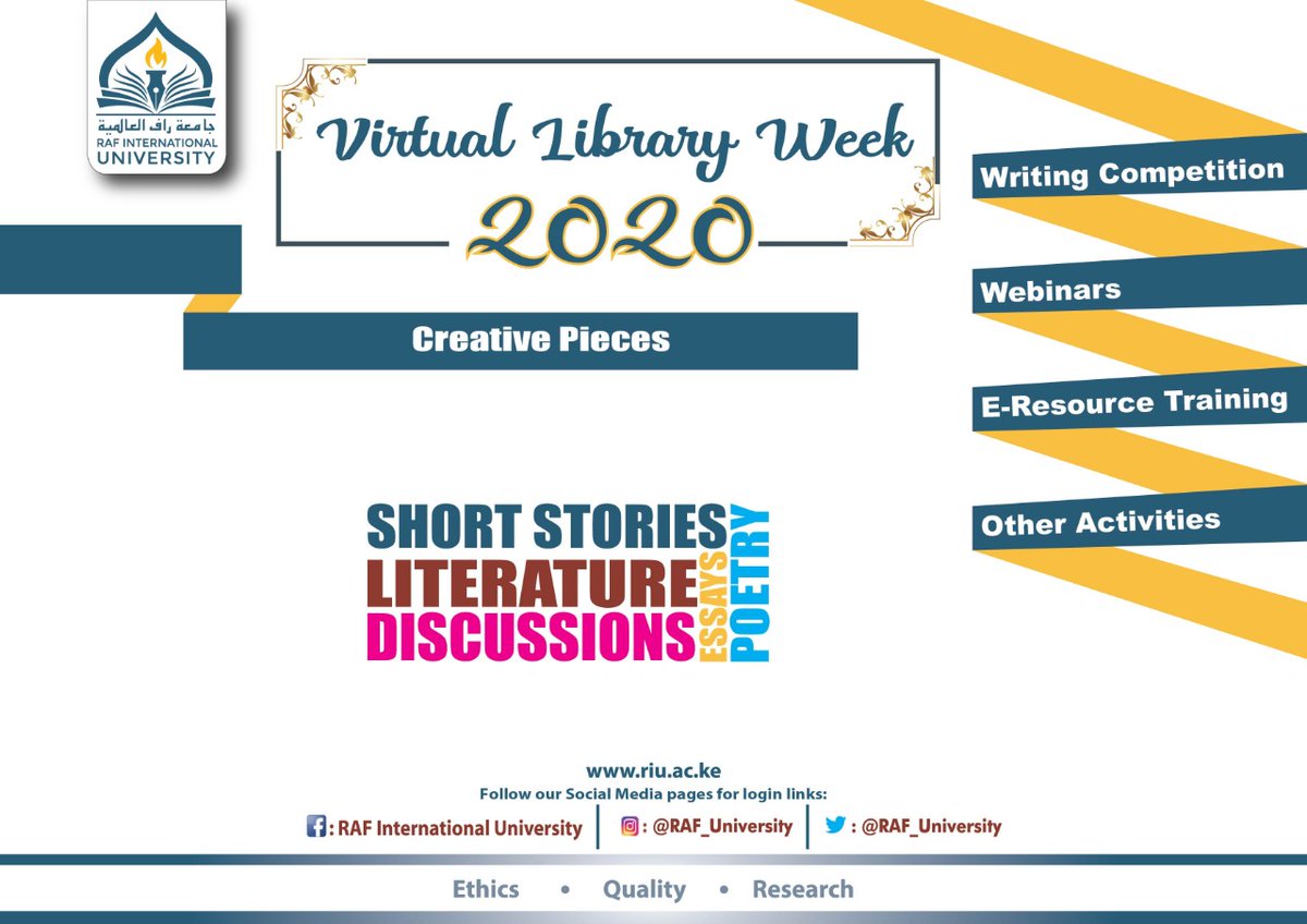 IslamicUniKe's tweet photo. Students are urged to come up with creative pieces in English, Kiswahili or Arabic on their learning experiences during the COVID-19 pandemic.
Essays, poems or short stories should be sent to library@riu.ac.ke by July 31st 2020.
#library
#virtuallearning
#LibraryWeek2020 https://t.co/IoyE69kq6p