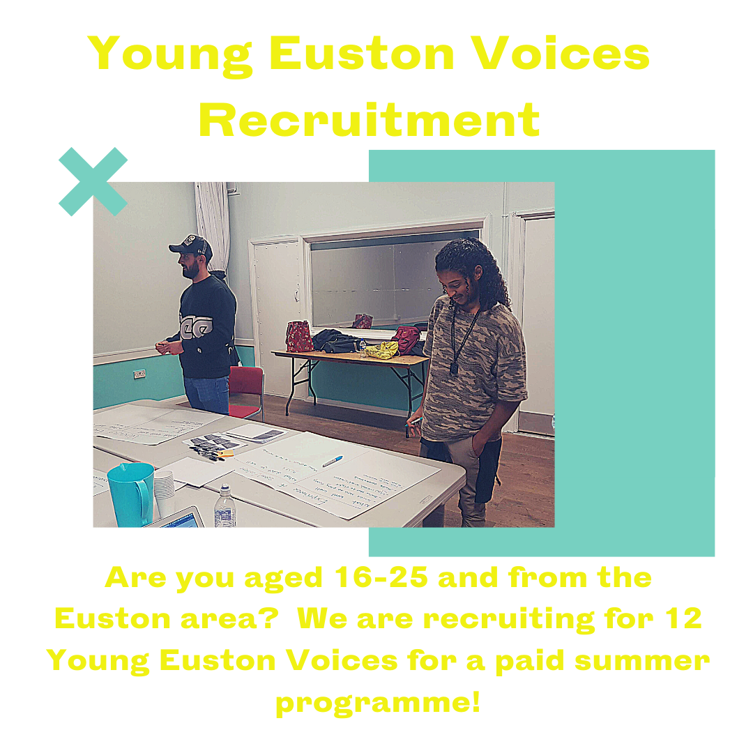 camden_giving's tweet photo. We're recruiting 12 young people (16-25) from the Euston area to be Young Euston Voices, to reflect on how changes to the area impacts local lives. 
Register your interest by simply dropping us a text or leaving us a voice note - but be quick! More info: https://t.co/BXiBYyxwDz https://t.co/dRakMaUpiG
