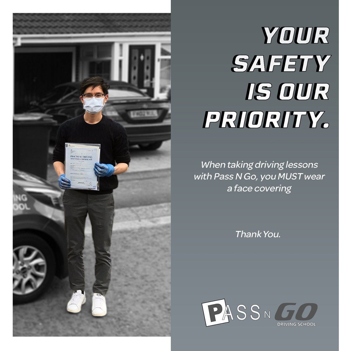 𝙔𝙤𝙪𝙧 𝙎𝙖𝙛𝙚𝙩𝙮 𝙄𝙨 𝙊𝙪𝙧 𝙋𝙧𝙞𝙤𝙧𝙞𝙩𝙮

We want to assure everyone that you MUST:
- Wear a Face mask/ Face covering
- Either wear gloves or sanitize your hands before and after your lesson

Stay safe,

Pass N Go

#COVID-19 #Driving #DrivingLessons #DrivingSchool #PPE