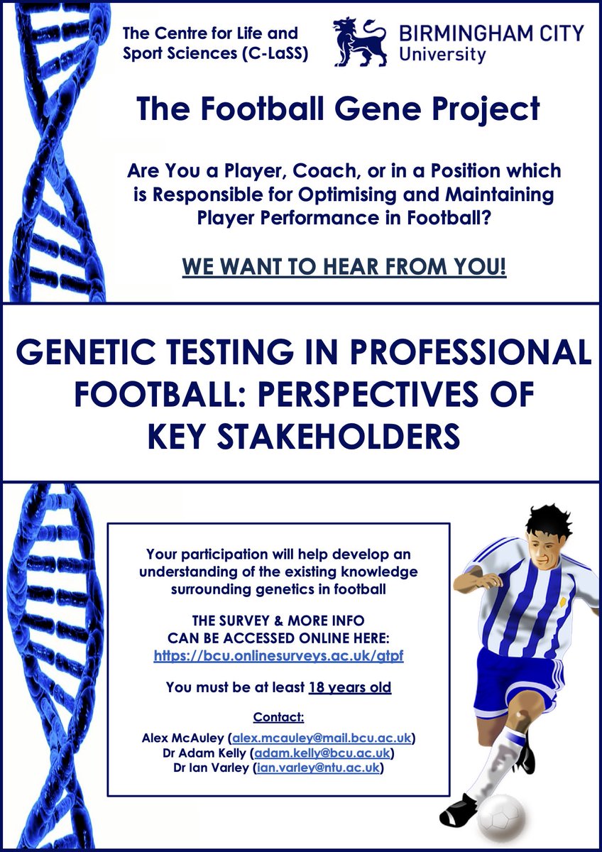 AdamKelly07's tweet photo. 🗣️ Calling all players, coaches, &amp; practitioners working in professional football

🧬Please share your thoughts with us regarding genetic testing in football

📝The short (~10 mins) anonymous survey &amp; more info can be accessed here: https://t.co/KealtPJ0L8

🔁Please RT and share! https://t.co/PDcORRGj8v