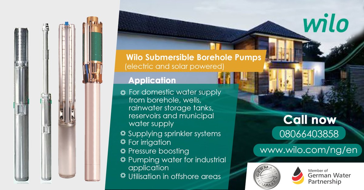 WiloPumpsNigLtd's tweet photo. Wilo Submersible Borehole Pumps (Electric and Solar Powered)
Highly efficient, reliable, durable, easy to install & maintain and energy saving!
#wilo #wilopumps #submersibleboreholepump #boreholepump #solarpoweredpump #electricpoweredpump #germantechnology #watersupply https://t.co/4HaauZT7co