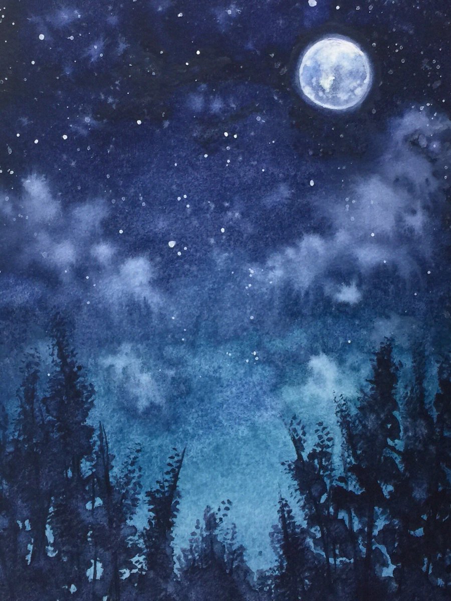 森ノ綾 V Twitter 夜の森 水彩イラスト ウィンザーアンドニュートン ホルベイン Watercolor