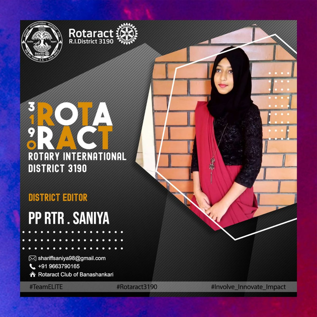 Rotaract3190's tweet photo. We are happy to present to you, PP Rtr Saniya as the District Editor for the Rota year 2020-21.
#TeamELITE #Involve_Innovate_Impact https://t.co/5nK6QCNr54