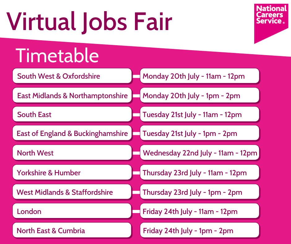 The #VirtualJobsFair is back! Check out the timetable below for when 
<a href="/NationalCareers/">National Careers</a> will be visiting this week.

Welcoming job seekers, career changers, employers, apprenticeship providers and more.

#Jobs 
#Careers
#JobsHour