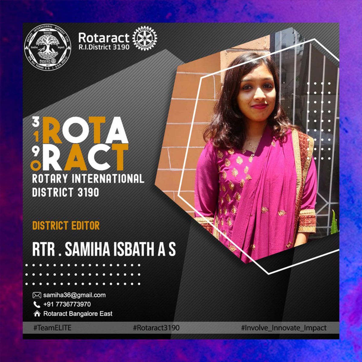 Rotaract3190's tweet photo. We are happy to present to you, Rtr Samiha Isbath as the District Editor for the Rota year 2020-21.
#TeamELITE #Involve_Innovate_Impact https://t.co/LPyJZ8nguU