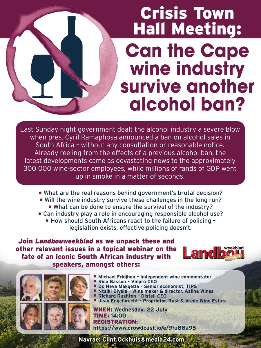 Can the Cape wine industry survive another alcohol ban? Join Landbouweekblad as we unpack this important topic in a webinar on the fate of the local industry. Click here to register for this free event: bit.ly/2CdG89Y <a href="/Vinpro_za/">Vinpro</a>