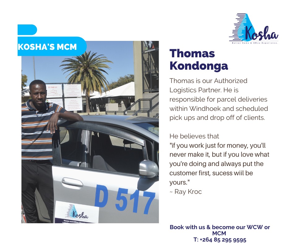 KoshaCleaning's tweet photo. On Mondays we celebrate and empower men. Meet our #MCM, Thomas Kondonga.

Stand a chance to win 6 free trips with #TumaKosha; simply Retweet this post. Tweep with more Retweets gets the prize. T&amp;Cs Apply
#KoshaNamibia https://t.co/u2vWrYYU8h