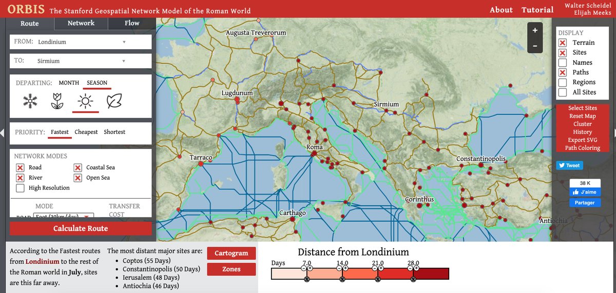 Envie d'évasion ? L'université de <a href="/Stanford/">Stanford University</a> a mis au point une carte permettant de simuler un voyage dans l'Empire romain, par route terrestre, fluviale ou maritime. On est fan ! hubs.ly/H0sJB9c0