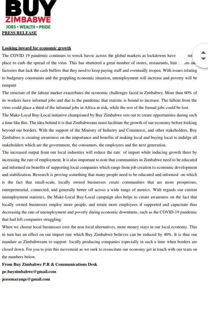 BuyZimbabwe (@buyzimbabwe) on Twitter photo Press Release: Looking inward for Economic Growth. #buylocal #Makelocal #COVIDใผ19 <a href="/PardZ8419/">Pardon Zarura</a> <a href="/Min_of_IC/">Ministry of Industry and Commerce</a> <a href="/SPARZimbabwe/">SPAR Zimbabwe</a> <a href="/smeazw/">Small and Medium Enterprises Association of Zim</a> <a href="/HeraldZimbabwe/">The Herald Zimbabwe</a> <a href="/Zimindependent/">Zimbabwe Independent</a> @LafargeZimbabwe <a href="/OKZimbabwe/">OK_Zimbabwe</a> <a href="/edmnangagwa/">President of Zimbabwe</a> <a href="/KwayedzaZim/">Kwayedza Zimpapers</a> <a href="/FarmingZw/">Farming.co.zw</a> <a href="/corporatefarmg1/">Tanaka Farm and Ranch #Seedlings๐ฟ๐ผ๐ฟ๐ฒ</a> <a href="/MoHCCZim/">Ministry of HealthZW</a> <a href="/ZimTreasury/">MOFED&IP</a> <a href="/263Chat/">263Chat.com ๐ฟ๐ผ</a> Press Release: Looking inward for Economic Growth. #buylocal #Makelocal #COVIDใผ19 <a href="/PardZ8419/">Pardon Zarura</a> <a href="/Min_of_IC/">Ministry of Industry and Commerce</a> <a href="/SPARZimbabwe/">SPAR Zimbabwe</a> <a href="/smeazw/">Small and Medium Enterprises Association of Zim</a> <a href="/HeraldZimbabwe/">The Herald Zimbabwe</a> <a href="/Zimindependent/">Zimbabwe Independent</a> @LafargeZimbabwe <a href="/OKZimbabwe/">OK_Zimbabwe</a> <a href="/edmnangagwa/">President of Zimbabwe</a> <a href="/KwayedzaZim/">Kwayedza Zimpapers</a> <a href="/FarmingZw/">Farming.co.zw</a> <a href="/corporatefarmg1/">Tanaka Farm and Ranch #Seedlings๐ฟ๐ผ๐ฟ๐ฒ</a> <a href="/MoHCCZim/">Ministry of HealthZW</a> <a href="/ZimTreasury/">MOFED&IP</a> <a href="/263Chat/">263Chat.com ๐ฟ๐ผ</a>