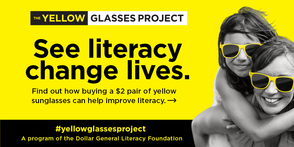 Literacy opens the door to a brighter future. With a $2 pair of sunglasses, you can help others open that door. Head to Dollar General, buy, wear and share to support the Dollar General Literacy Foundation. 
#YellowGlassesProject  <a href="/DGYellowGlasses/">The Yellow Glasses Project</a> ms.spr.ly/6019TW8AV