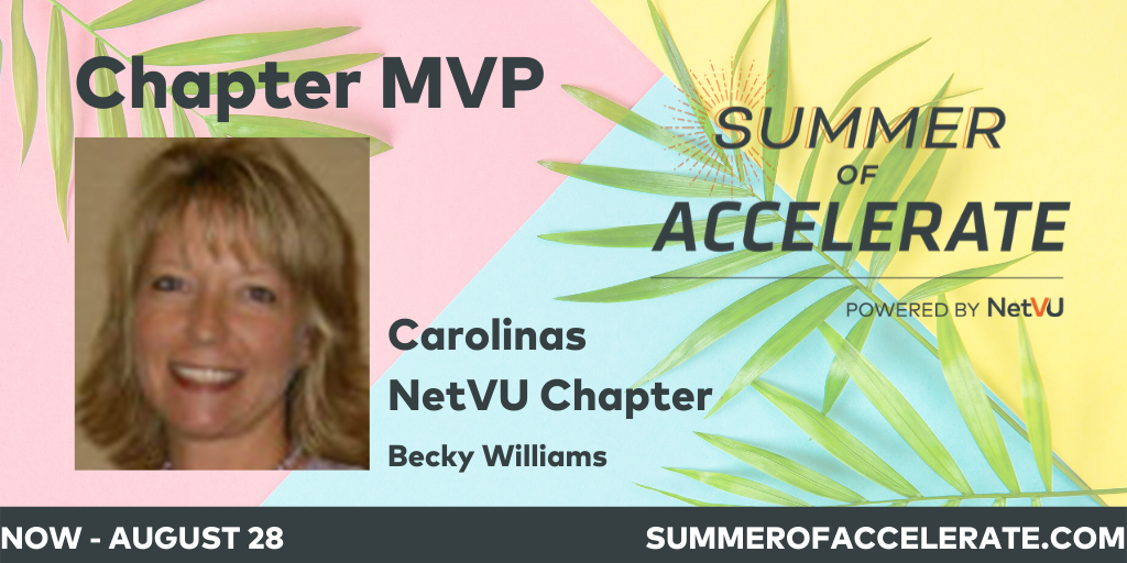 NetVU_Now's tweet photo. Happy Monday! NetVU would like to recognize Becky Williams of the Carolinas NetVU Chapter. Chapter MVP Award recognizes outstanding chapter members who have helped NetVU chapters flourish. View other award winners here: https://t.co/gayYlwy2CO #NetVUChapter #NetVUNow #MVP https://t.co/dV9eYgjs5E