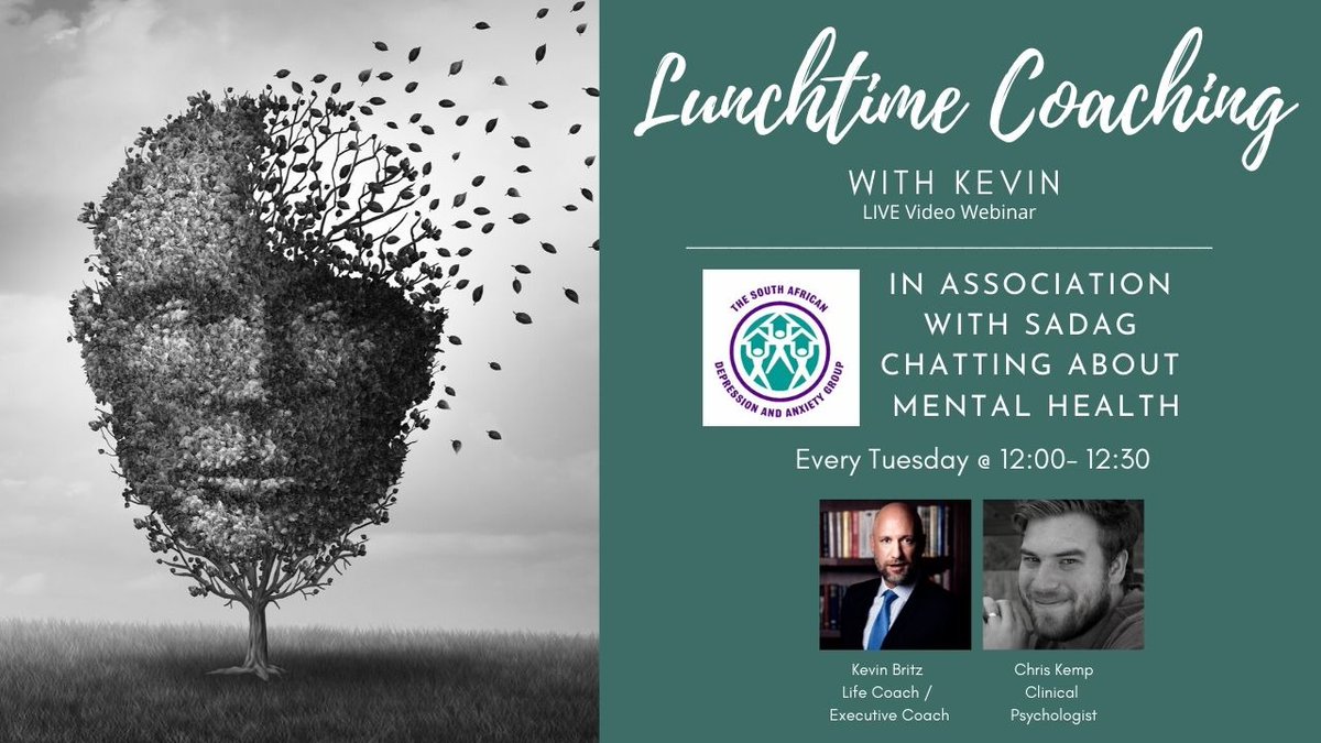 TheSADAG's tweet photo. Join the @bbydesignSA Facebook LIVE TODAY between 12pm-12:30pm. Kevin Britz talks Mental Health with Clinical Psychologist Chris Kemp. Join the conversation via the link: https://t.co/2w8KnppbaB
#lunchtimecoaching #MentalHealth https://t.co/we3iZeEGp4