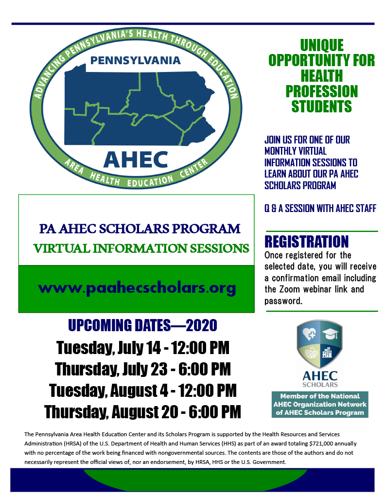 SW_PA_AHEC's tweet photo. Learn more about AHEC Scholars program. Register at https://t.co/K8vm4QbOHv for a virtual information session.
#PAAHECScholars https://t.co/rNadB7lWwQ