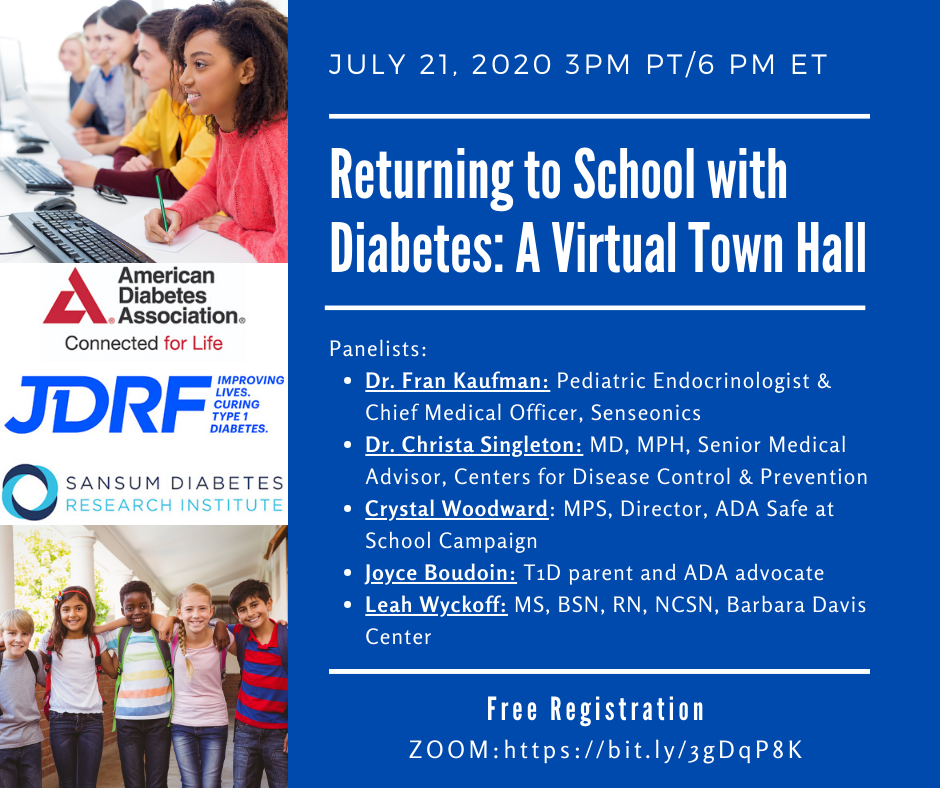 Join us tomorrow at 5 PM CT for an informative discussion on precautions and considerations amid the COVID-19 pandemic, as well as general back to school tips for children K-12 with diabetes.  Register here: ow.ly/qgta50ABkSL