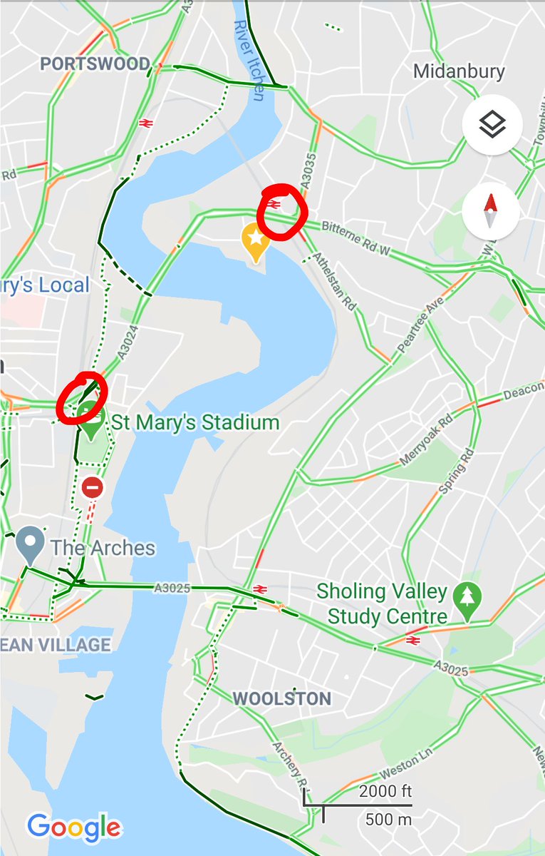 Now here's the clever bit.Most of the roads coming in to the city look as if they are 2 lanes or more, but if you look closer most of them are actually at one point or another single lane, so their effective capacity is capped by this one lane section, this is the A3024 for eg