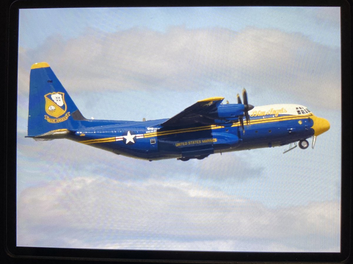 AshleyWallace19's tweet photo. @BlueAngels new C-130J getting airborne from Cambridge on her maiden test flight in her new Blue Angels paint scheme not long ago #BOTCS https://t.co/TgwQXrqhT0