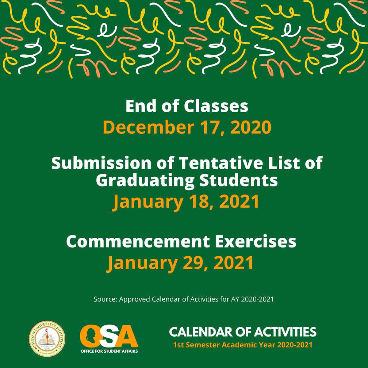 WesleyanPH's tweet photo. Wesleyanians! 

Please be informed of the approved Calendar of Activities for Academic Year 2020-2021. 

N.B. 
Dates are tentative. The University will comply with Government directives in case the need arises. https://t.co/SDzUjSRiGq