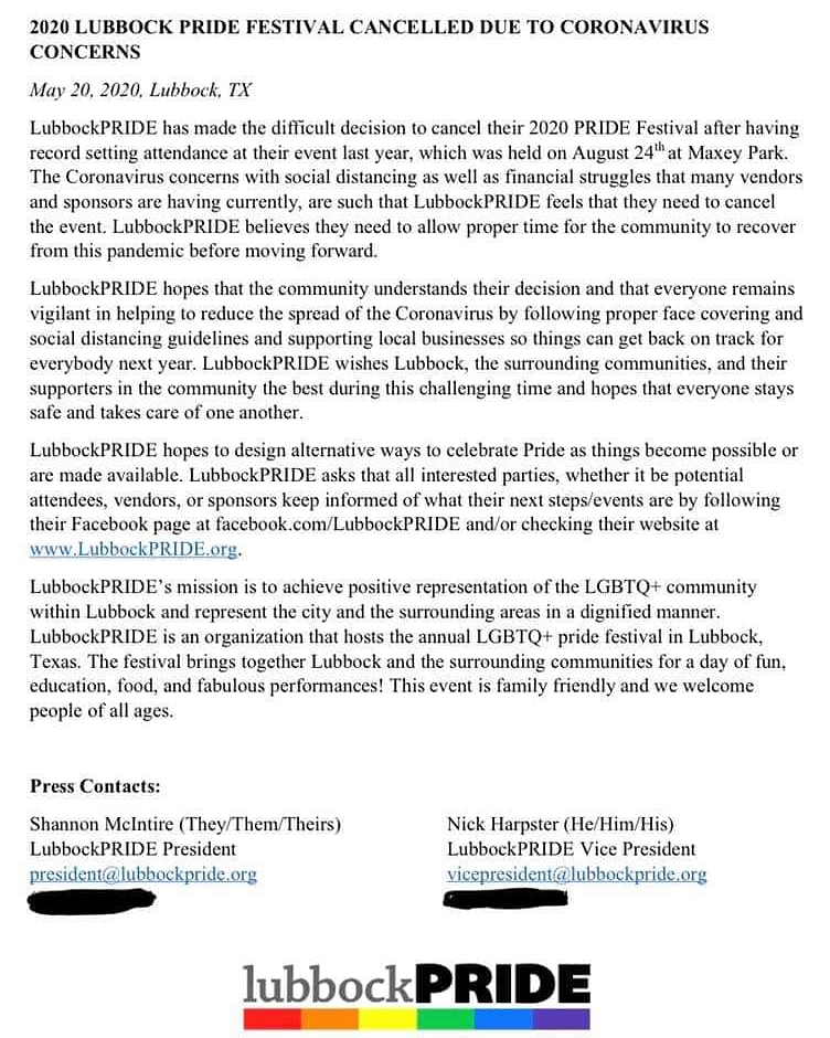 _LubbockPRIDE's tweet image. Here is a full version of our press release sent out today on the status of our annual LubbockPRIDE Festival. Thank you for your support and understanding.
#staysafe #loveyouguys #pride #lubbockpride