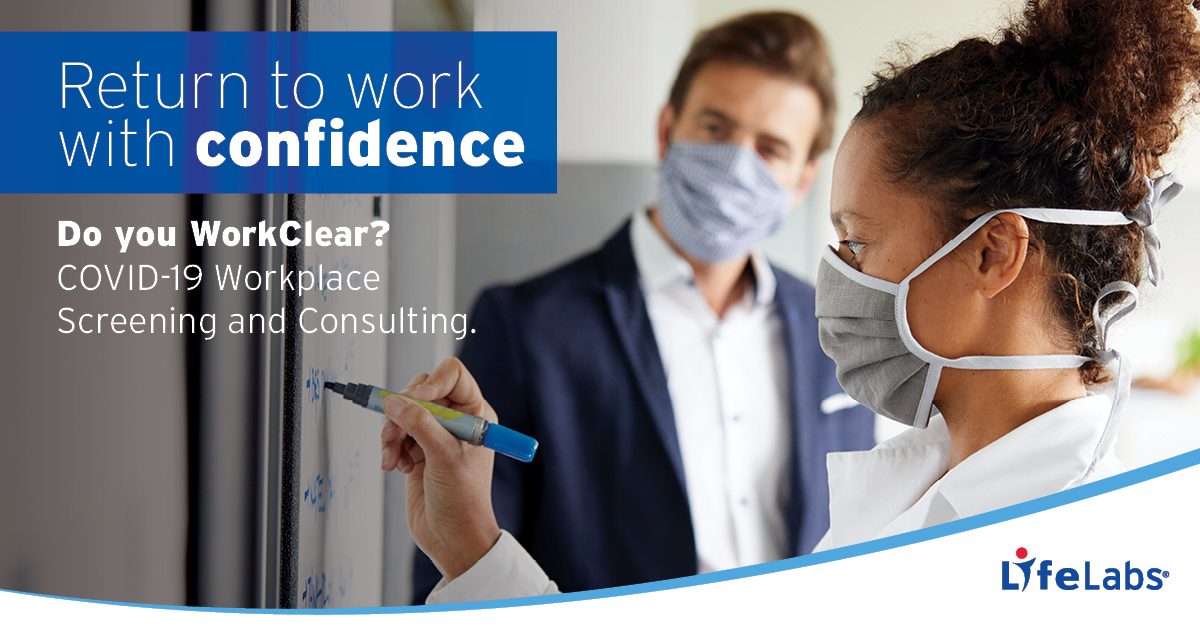 LifeLabs's tweet photo. Reduce the risk of a #COVID19 transmission within your workplace. LifeLabs’ #WorkClear, a customized screening and consulting program, can help. Have your employees return to work with confidence today. Learn more: https://t.co/iStvoBsCYe https://t.co/G1BCleNVk4