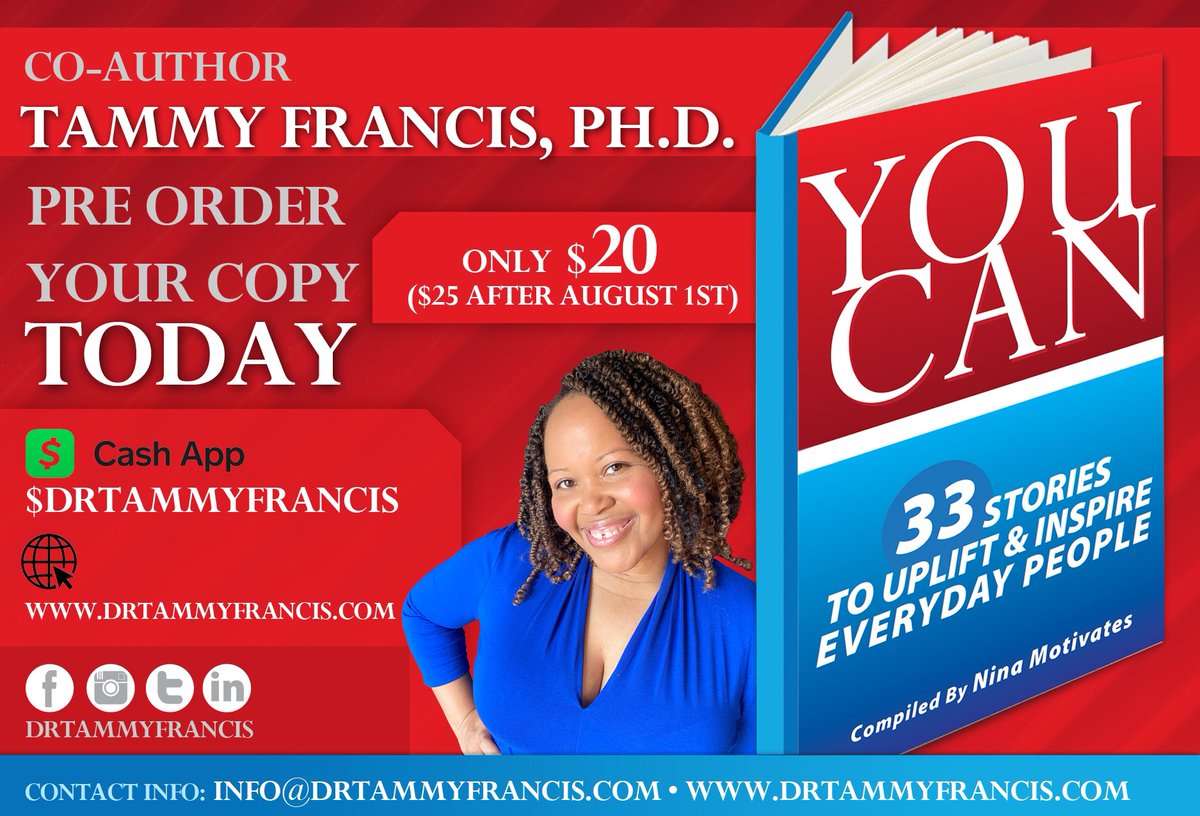 DrTammyFrancis's tweet photo. 🎉NEW BOOK RELEASE🎊
“You can” is now on PRESALE! 🥳 
“You Can” is a book collaboration project. This book is designed to inspire you. To purchase, visit my store: https://t.co/O2vdW3NodT. Questions? DM me. Book launch is on August 1, 2020! More soon. #DrTammyFrancis #c4cglobal1 https://t.co/BPCEW8LBuH