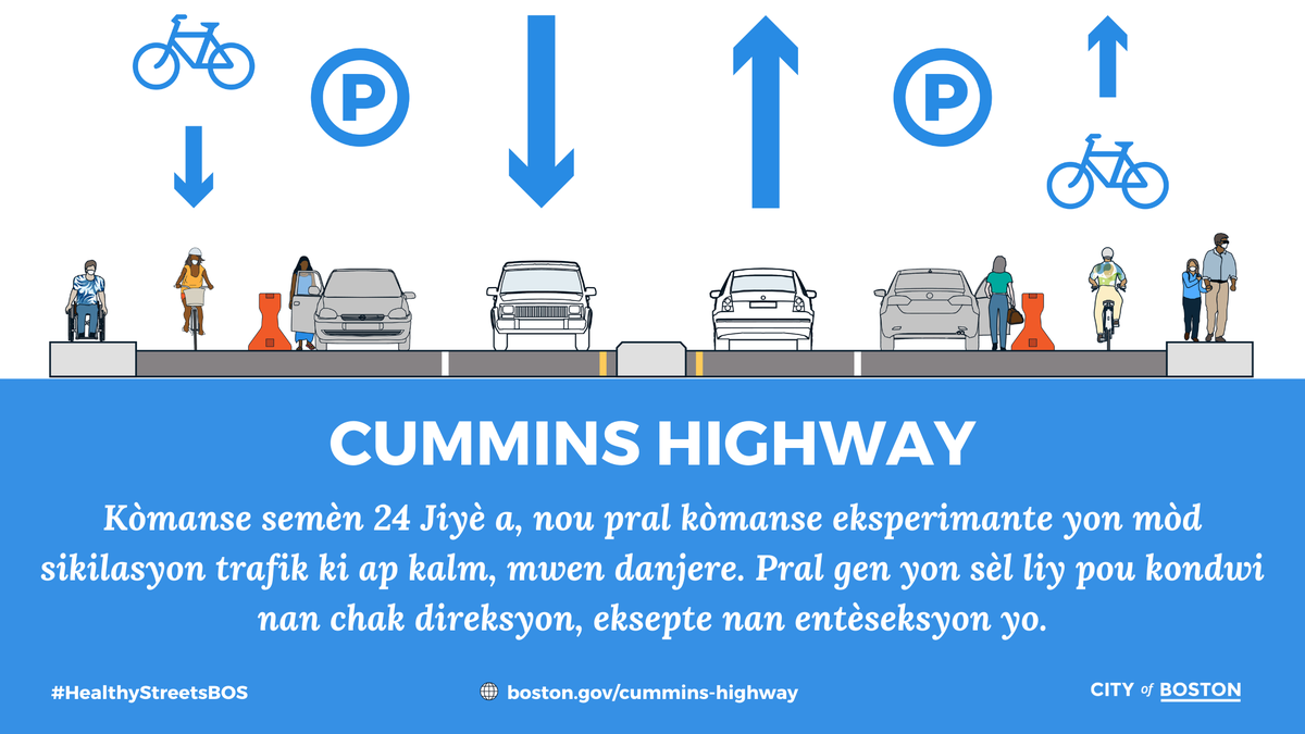 cont'd: Update from Boston via  @Mattapan_ONS ATTENTION: We are testing a calmer, safer traffic design on Cummins Highway, starting around July 20. There will be one driving lane in each direction, except at intersections.MORE:  http://boston.gov/cummins-highway 