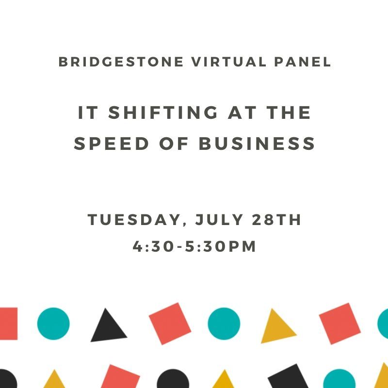 WiTTNashville's tweet photo. Are you registered for our next virtual event? 
IT Shifting at the Speed of Business is Tues. July 28, at 4:30pm, featuring a panel of cross functional leaders from @BridgestoneAmericas discussing the needed change from traditional IT delivery. More info: https://t.co/6fZxgsFkd2 https://t.co/F4apKMaq38