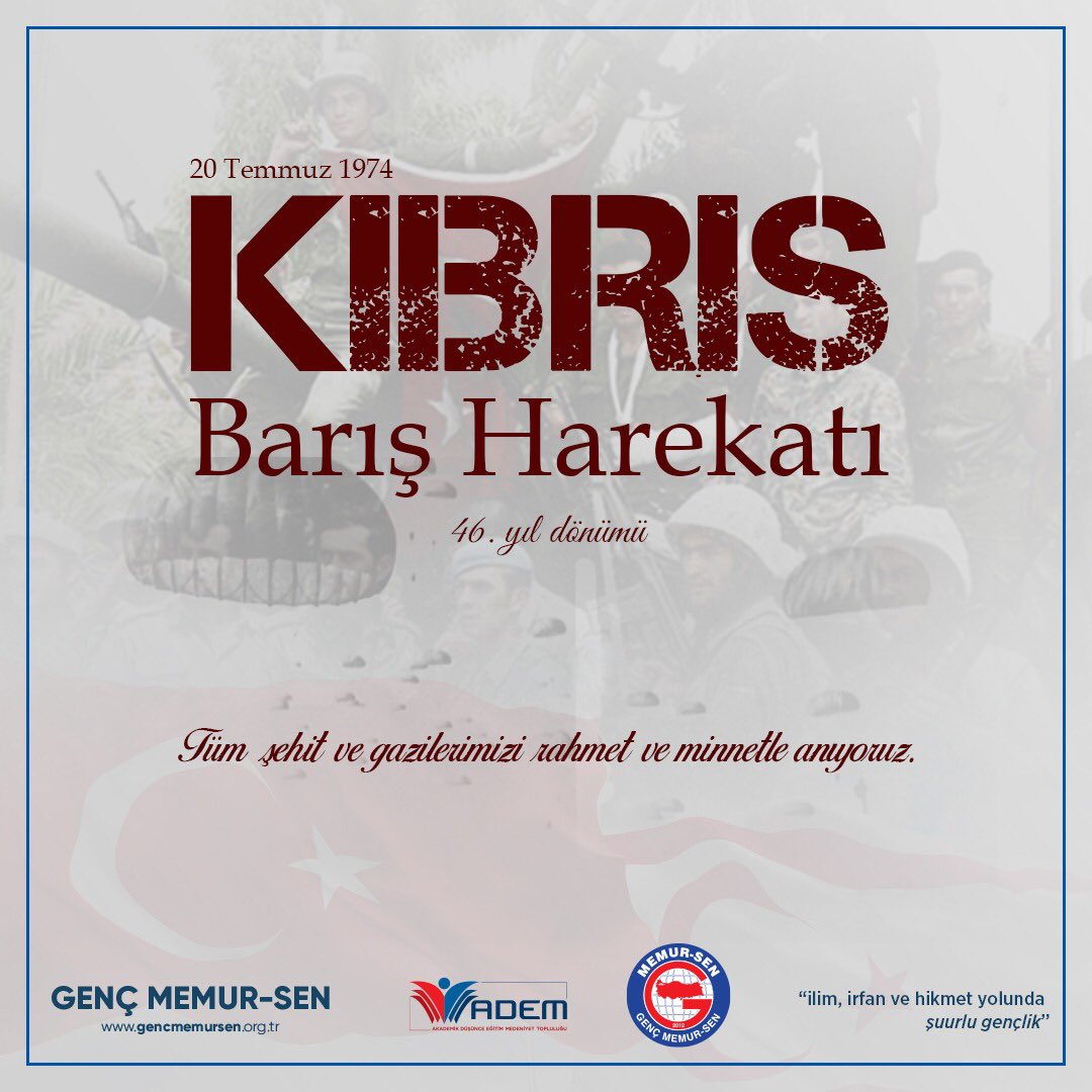 Şanlı bayrağımızı Kıbrıs semalarında dalgalandıran, aziz şehitlerimizi ve gazilerimizi rahmetle yâd ediyoruz.

Kıbrıs Barış Harekâtı'nın 46. yıl dönümünde kahramanlarımızın unutulmaz hatıralarına saygıyla. 🇹🇷

#KıbrısBarışHarekatı