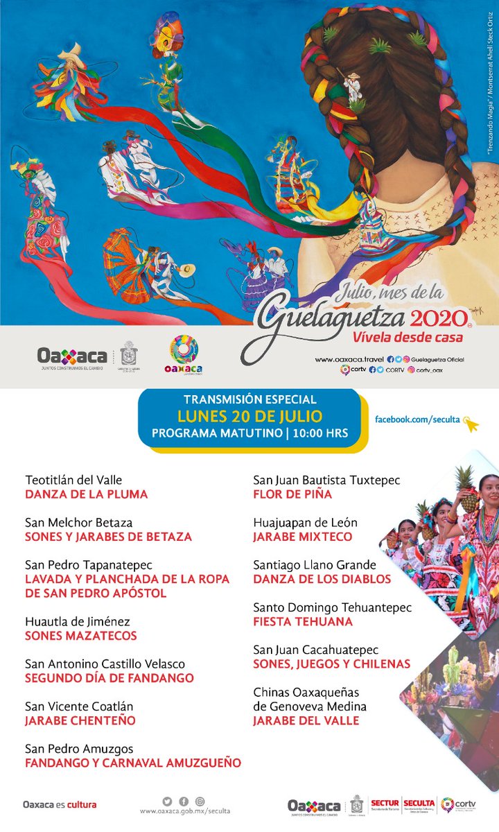 JuanCRiveraC's tweet photo. Desde casa, celebremos este día con júbilo, pasión y orgullo la #Guelaguetza2020, con la primera emisión del Lunes del Cerro; déjate enamorar por los colores y la algarabía de nuestra fiesta máxima, y compartamos juntos la grandeza de nuestras tradiciones. #LaGuelaguetzaEstáAquí https://t.co/lDHjMkba4G