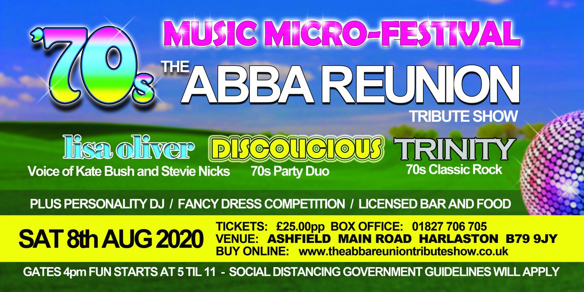 Please RT ! We are hosting the #70s #music Micro-Fest in our garden in #Harlaston #Tamworth #Staffs !
We are performing with 3 other support acts on 8 Aug 20 !!
Get your tickets at ticketlab.co.uk/event/id/5210
Social distancing measures will apply, and so will the #Goodtimes !! #ABBA