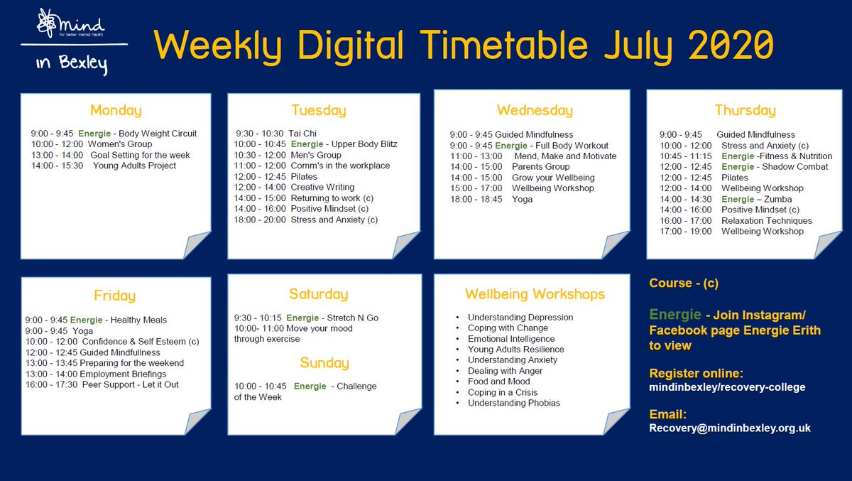 We would really like to hear from YOU.

What would you like to see on our Recovery college timetable moving forward?

What activities do you think would improve wellbeing?

Reply or email info@mindinbexley.org.uk

Thank you.