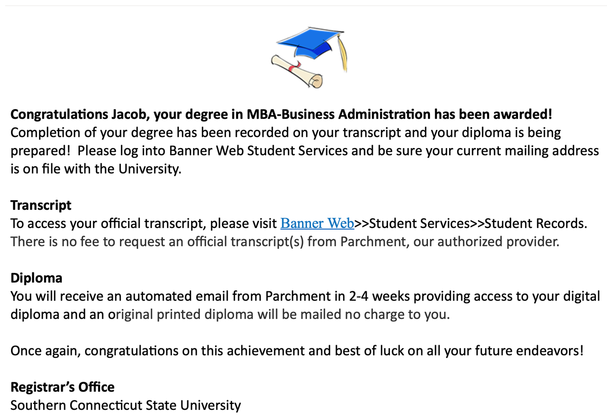 JakeDavisSoccer's tweet photo. Today I received an email that my MBA Degree has been awarded. Took a little longer than I wanted but, if 5 years ago you asked me if I would have a Masters Degree, I probably would have laughed in your face. Here I am, 23 years old with an MBA from @SCSU. #Donewithschool #MBA https://t.co/nV52IZSAwU
