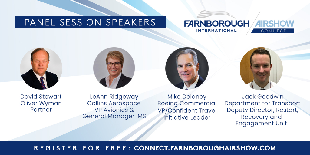 FIAFarnborough's tweet photo. Starting at 3pm BST, one of the most prevalent session topics of the week: 'Commercial Aviation Relaunch &amp; Recovery 2021 &amp; Beyond’ with speakers from: @OliverWyman @CollinsAero @Boeing @transportgovuk Join to hear more on how the next few years for industry could look #FIAConnect https://t.co/zcoEgzcPYY