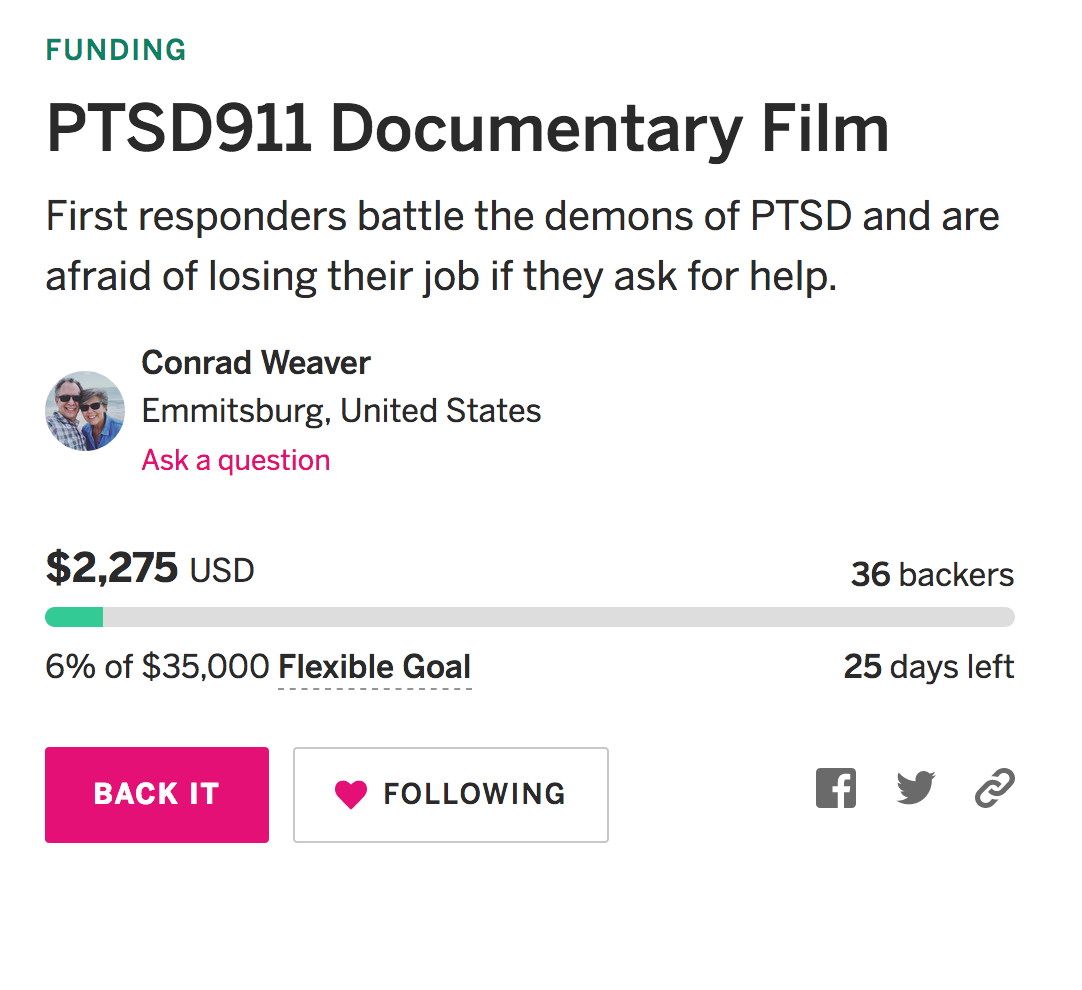 We're 7% funded. That means we still have a long way to go, and only 25 days left to raise $35k for @ptsd911movie. Would you click this link, watch the trailer, then think about how you can help us get to our goal. Make a small contribution today. 
igg.me/at/ptsd911movie