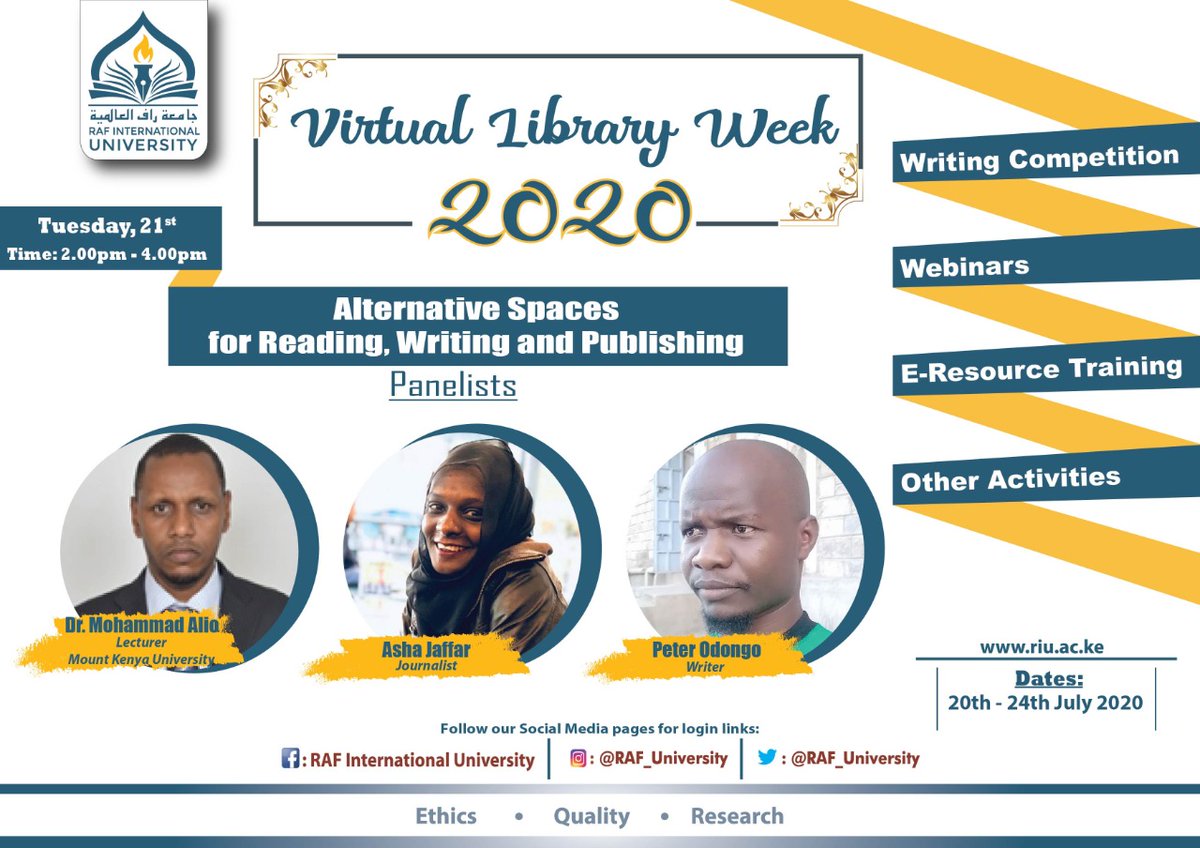 IslamicUniKe's tweet photo. We will be having an amazing discussion on 'Alternative spaces for reading, writing and publishing'.
Join us tomorrow from 2:00pm-4:00pm. Use the link below to join the session:
https://t.co/5F3oTAZTdD
#library
#virtuallearning
#LibraryWeek2020
#karibuRIU https://t.co/JqVM18beYv