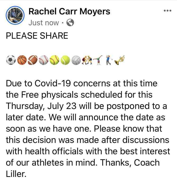 moyers2's tweet photo. PHS FREE PHYSICALS POSTPONED - will announce the new date when we have one https://t.co/89BgrMTOmS