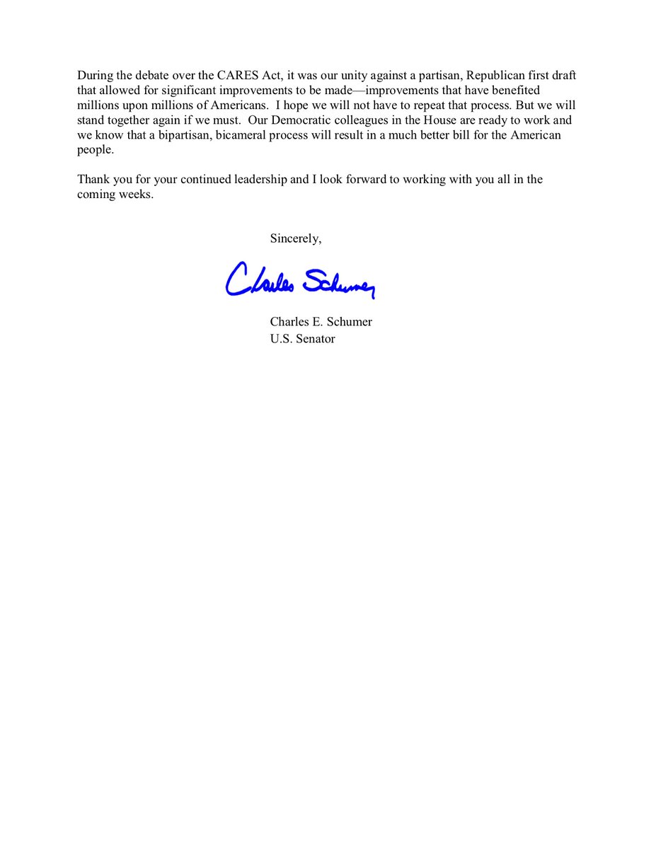 Page 2 of the letter from Senate Democratic Leader Chuck Schumer to the Senate Democratic Caucus ahead of the upcoming Senate session.