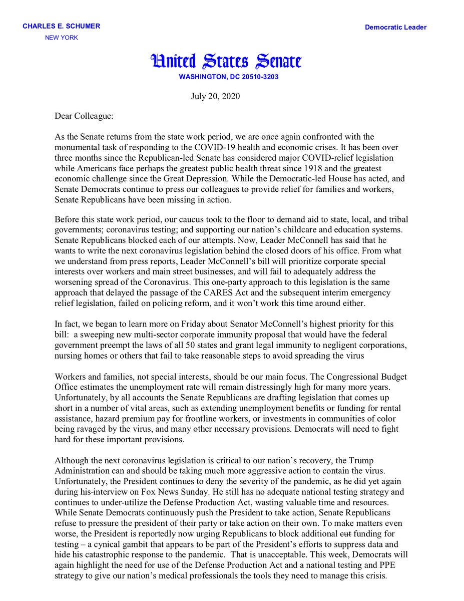 Page 1 of the letter from Senate Democratic Leader Chuck Schumer to the Senate Democratic Caucus ahead of the upcoming Senate session.