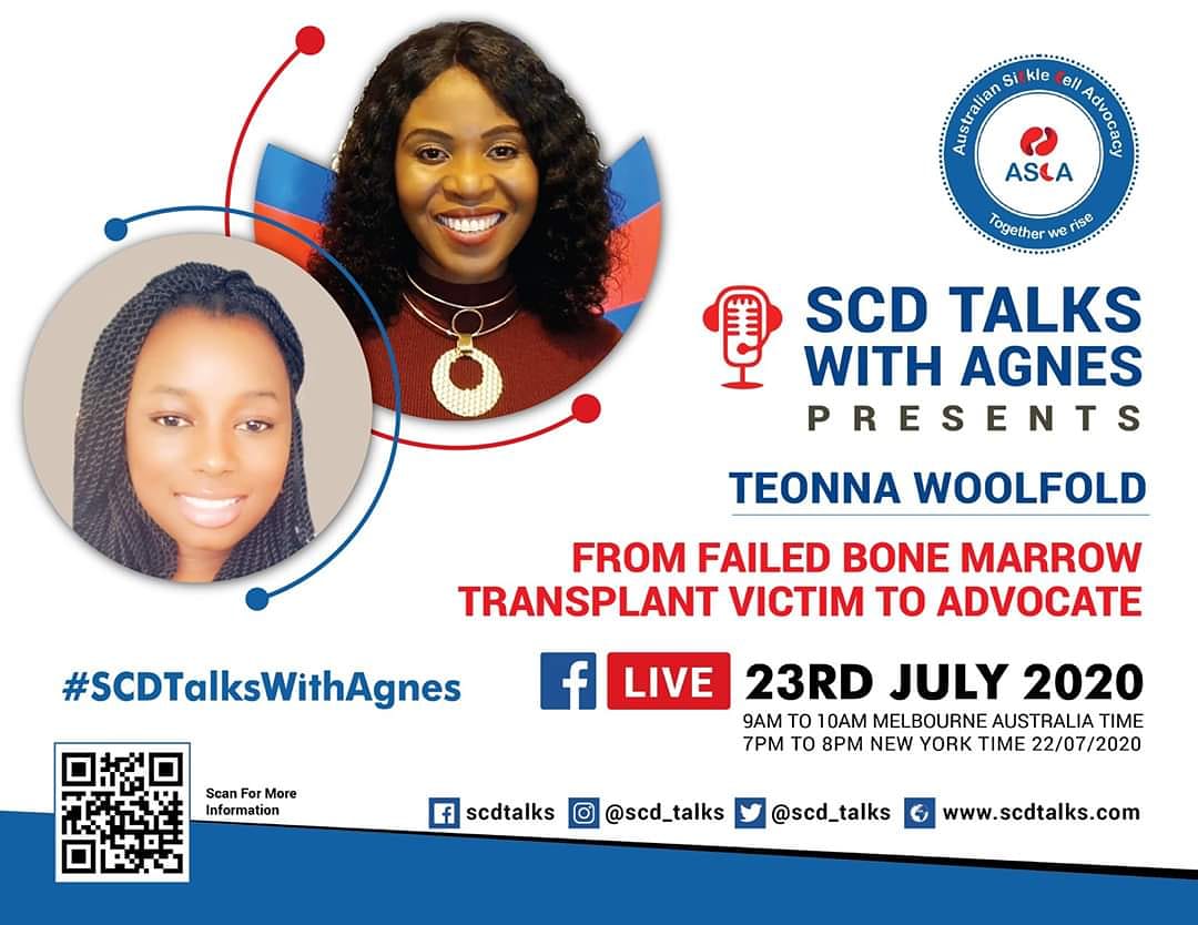 scd_talks's tweet photo. This week on #SCDTalksWithAgnes, we have Teonna Woolford discussing how she turned into an advocate after having a failed #BoneMarrow Transplant.
Be part of the virtual audience:
https://t.co/QcRz0jzb4o NOTE: THIS SHOW WILL BE AT 9 AM 23/7/2020 AEST
#SickleCellDisease #Awareness https://t.co/kMGRGz4kfO