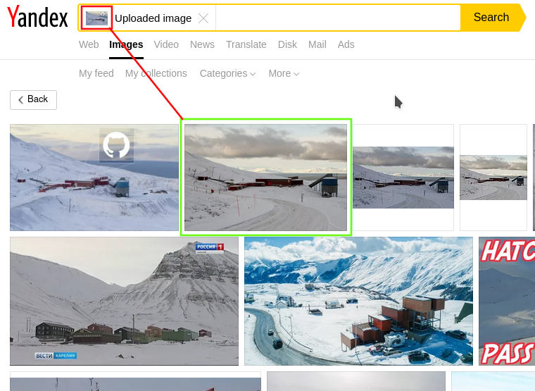 I try to reverse this last image (with the github logo) and this time, an interesting result gives me more information!This time though, the name of the image gives me a place that I can easily find:  Longyearbyen Gruve