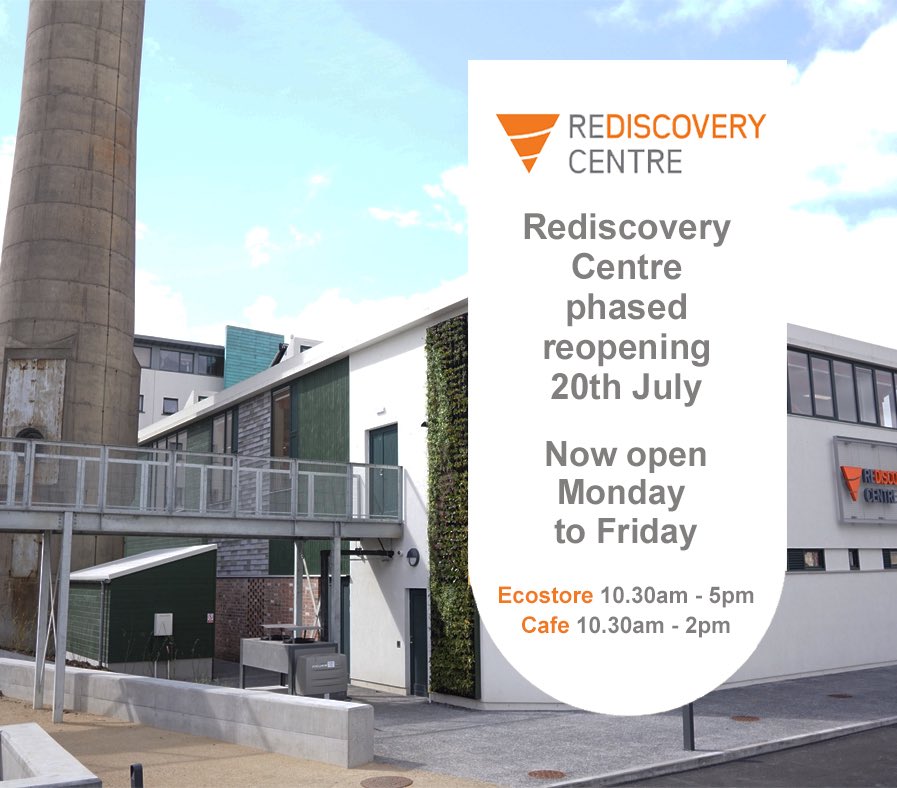 RediscoveryCtr's tweet photo. The Rediscovery Centre has entered its third stage of its phased reopening. We will now be open Monday to Friday. The Eco Store will be open Monday to Friday 10.30am - 5pm, and the Cafe will be open Monday to Friday 10.30am - 2pm. We look forward to welcoming you back! https://t.co/BejuCYwZMh