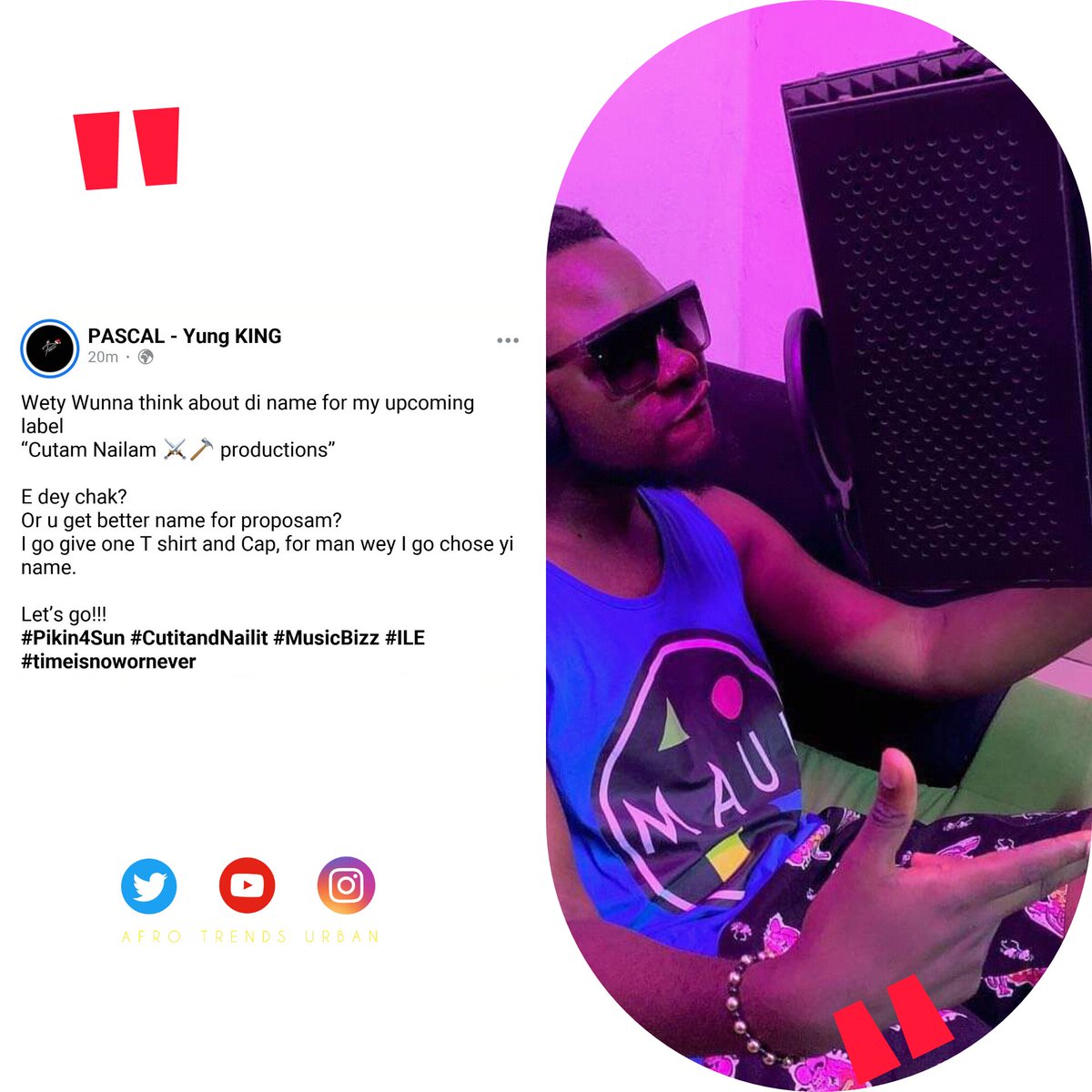 mistardrae's tweet photo. Pascal Is Here With A New Name For His Record Label ' Cutam Nailam '
Is The Name Okay For Him To Use It ?
Or
You Have A Recommandation For Another Name.....Tell Us
.
.
.
.
.
.
.
.
#afrotrendsurban #africa #afroculture #afroplay #afroblog https://t.co/bRQXq2qDQ5