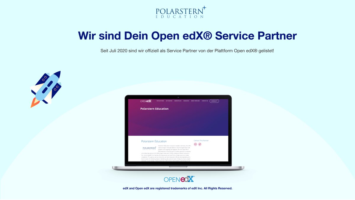 Wir freuen uns seit diesem Monat als Open edX® Service Partner gelistet zu sein und die Technologie für Unternehmen in Deutschland verfügbar zu machen. 

edX and Open edX are registered trademarks of edX Inc. All Rights Reserved. (open.edx.org)

#polarsternedu #edX
