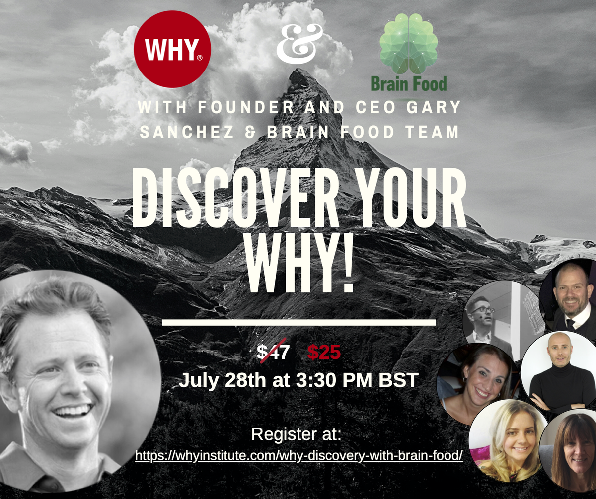 BrainFoodCommu1's tweet photo. " Activity without purpose is the drain to life - #TonyRobbins We are chuffed to be able offer an online #Why #Discovery event on July 28th at 3:00pm hosted by leading expert @whyinstitute - to get involved register here : https://t.co/CbZQI57T1z https://t.co/B1yHw10SVo