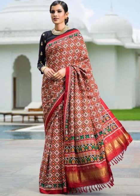 10) Patola SareePatola Saree is a double ikat sari made from silk in Patan of Gujarat. These saris are most populara and very expensive, once worn only by royal and aristocratic families.