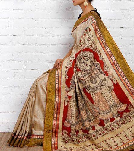 12)Kalamkari SareeKalamkari Sarees produced in many different regions of South India and There are two distinctive styles of kalamkari art in India – the Srikalahasti style and the Machilipatnam style.