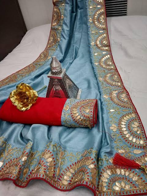 22)Gota SareeGota Patti Sarees originated in Rajasthan,This type of Indian embroidery used extensively in wedding and formal clothes. The metal embroidery of Rajasthan is known as Gota work