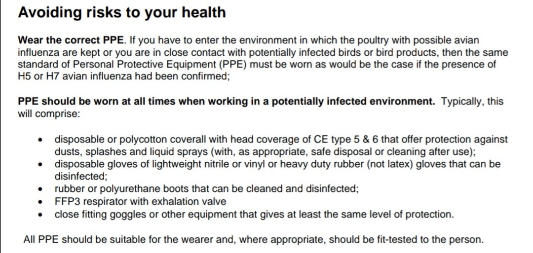 If you work with poultry that may have avian flu, what does Government recommend? An FFP3 maskNot a face covering? Why not?Because EVERYONE needs an FFP3 mask now, EVERYONE is told they aren't necessary or the public are too stupid to use them https://www.hse.gov.uk/biosafety/diseases/avianflu.htm