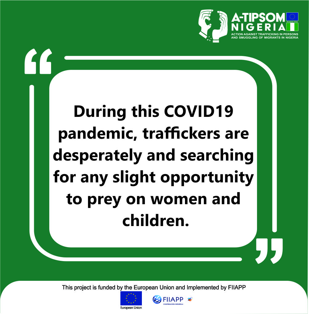 Atipsomnigeria's tweet photo. During this COVID19 pandemic, traffickers are desperately and searching for any slight opportunity to prey on women and children. Report any suspected case to @naptipnigeria
#ATIPSOM (funded by @EUinNigeria | implemented by @FIIAPP) supports #NAPTIP|#NIS|#NACTAL to prevent #TIP https://t.co/G9S92FprCt